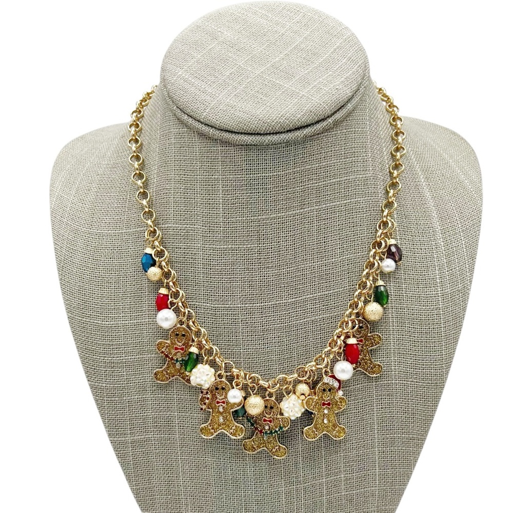 NWT Holiday Lane Glittery Gingerbread Dangle Charm Statement Necklace